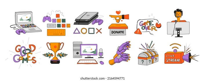 Set of colored game icons in a modern style with thin strokes. Computers and Game devices, live stream, loot boxes, virtual reality, donations, game achievements. Illustration collection