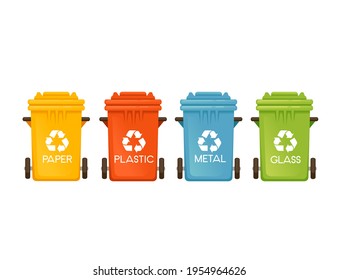 Conjunto de botes de basura coloridos para diferentes tipos de ilustración de vectores de residuos aislados en fondo blanco