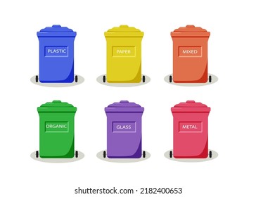 A set of colored garbage cans, a container for sorting waste, zero waste recycling, vector illustration