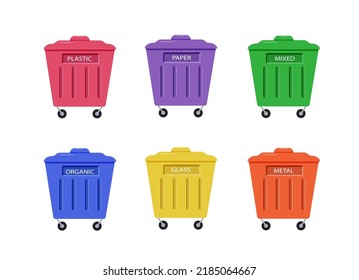 A set of colored garbage cans, a container for sorting waste, zero waste recycling, vector illustration
