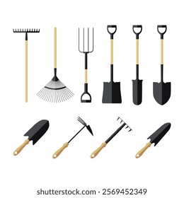 A set of colored garden equipment icons. Shovels, rakes, pitchforks, fan rakes, hoe. Vector illustration for design and web.