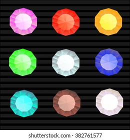  Set of colored gem stones. Diamonds of different colors on black background. Vector illustration. gems,  gemstones,  stone,  diamond,  jewels,  crystal,  precious stones,  ruby,  jewellery
