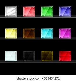 Set of colored gem stones. Diamonds of different colors on black background. Vector illustration. gems,  gemstones,  stone,  diamond,  jewels,  crystal,  precious stones,  ruby,  jewellery
