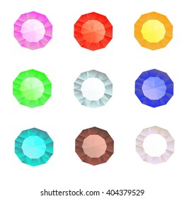 Set of colored gem stones. Diamonds of different colors on white background. Vector illustration.