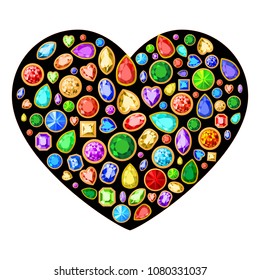 A set of colored gems isolated on a black background, executed in the form of a heart. For printing, textiles, advertising, design. Vector