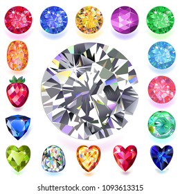 Set of colored gems isolated on white background, vector illustration