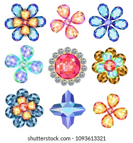 Set of colored gems isolated on white background, vector illustration