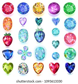 Set of colored gems isolated on white background, vector illustration