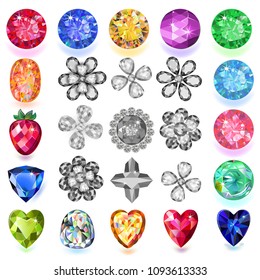 Set of colored gems isolated on white background, vector illustration