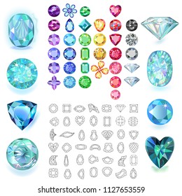 Set of colored gems isolated on white background, vector illustration 