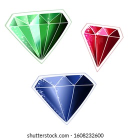 Set of colored gems isolated on white background