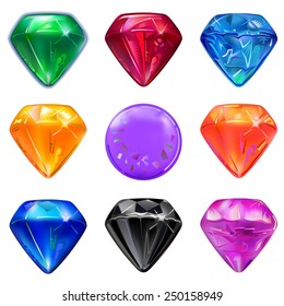 Set of colored gems isolated on white background, vector illustration