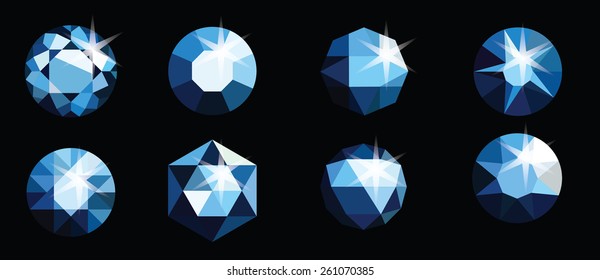 Set of colored gems isolated on dark background. Vector