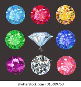 Set of colored gems isolated on dark background, vector illustration