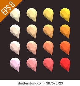 Set of colored gems isolated on brown background. Gems vector. Warm colors gems. Polygonal gems. Vector illustration. Triangular gems. Isolated background.