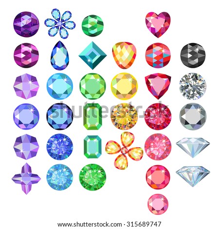 Set of colored gems isolated on white background, vector illustration