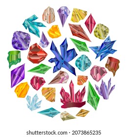 set of colored gems and magic crystals laid out in the shape of a circle. Collection of beautiful realistic vector gemstone. For design, postcards and stickers for girls