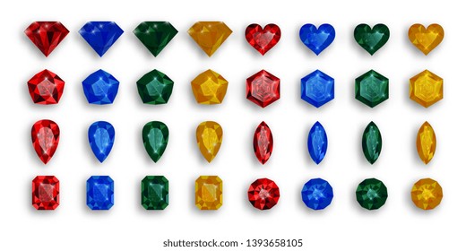 Set of colored gems. Vector illustration of rubies, sapphires and emeralds.