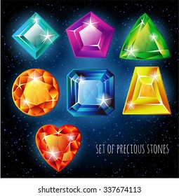 Set of colored gemstones on a black background. Jewels, vector.