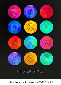Set of colored geometric crystal circles in polygon style with geometric shapes. Abstract Geometric Patterns Set with Hipster Style Icons for Logo Design.  Geometric hipster retro background