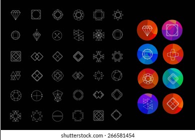 Set of colored geometric crystal circles in polygon style with geometric shapes. Abstract Geometric Patterns Set with Hipster Style Icons for Logo Design.  Geometric hipster retro background