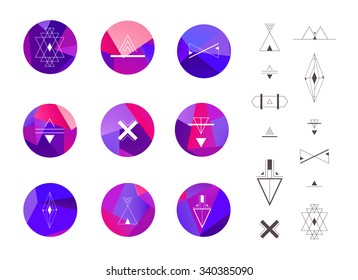 Set of colored geometric crystal circles in polygon style with geometric shapes. Geometric hipster retro background and logotypes, logos.