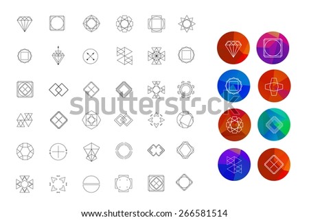 Set of colored geometric crystal circles in polygon style with geometric shapes. Abstract Geometric Patterns Set with Hipster Style Icons for Logo Design.  Geometric hipster retro background