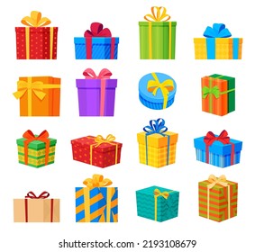 Set of colored gift boxes with bows. Beautiful bright packaging. Vector illustration