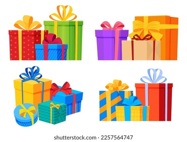 Conjunto de cajas de regalo de color con arcos. Bonito embalaje brillante. Ilustración del vector