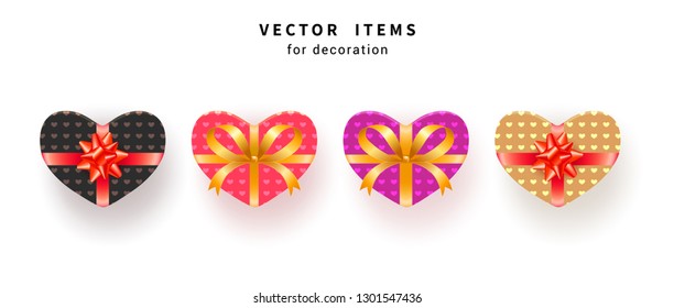 Set of colored gift boxes with golden ribbon and heart pattern. Valentines day love presents with red gift bows. Cute collection for birthday, Christmas, anniversary celebration