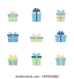 Set of colored gift boxes with ribbon. Hand drawn doodle collection isolated on white. Beautiful festive packaging for Birthday, Christmas.