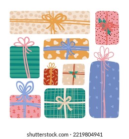 Set of colored Gift Boxes with Ribbon and bows different shapes and sizes. Big pile of presents in festive wrapping paper for Christmas holiday or Birthday. Sale, shopping concept. Vector illustration