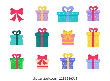 Set of colored gift boxes with ribbon. Colorful wrapped. Gift boxes different shapes and sizes. Collection for birthday, Christmas. Sale, shopping concept. Vector illustration