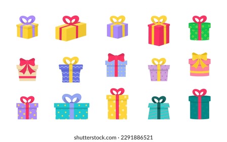 Set of colored gift boxes with ribbon. Colorful wrapped. Gift boxes different shapes and sizes. Collection for birthday, Christmas. Sale, shopping concept. Vector illustration