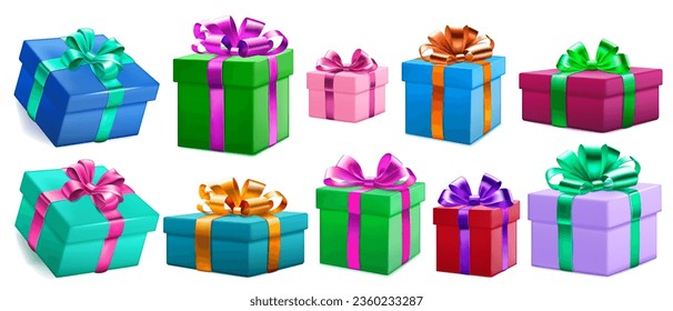 Set of colored gift boxes with ribbons and bows, with soft shadows, isolated on white background