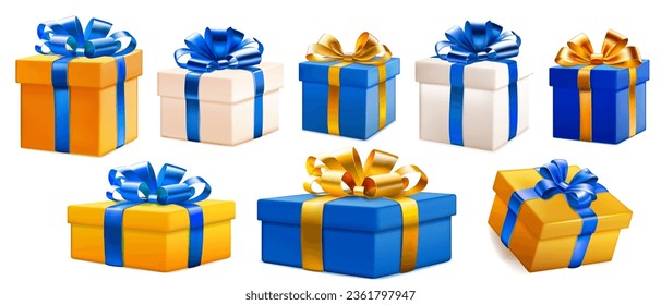 Set of colored gift boxes with ribbons and bows, with soft shadows, isolated on white background