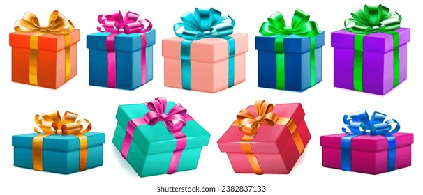 Set of colored gift boxes with ribbons and bows, with soft shadows, isolated on white background