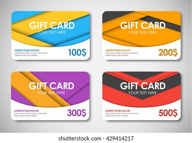 Set of colored gift cards in the style of the material design  on nominal 100, 200, 300 and 500 dollars. Vector illustration.