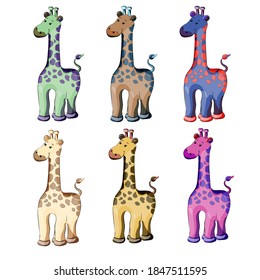 Set of colored giraffes on a white background. Vector illustration. Colorful animals, modern and bright colors. Childrens cartoon style.