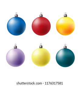 Set of colored glass balls. Trend colors in 2019. Winter festive decoration, perfect for postcards, invitations, banners, websites, social networks, backgrounds. 1