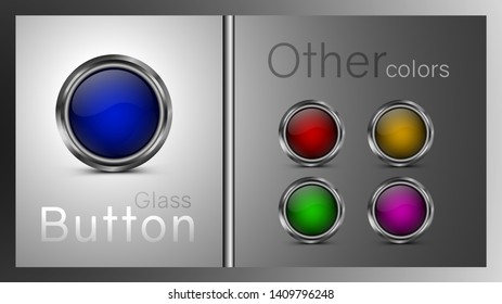Set of colored glass buttons blue, green, yellow, red, pink color. Vector buttons for use in web design, interface design, games, app and software.