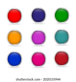 Set of colored glass buttons with metal frame and shadow