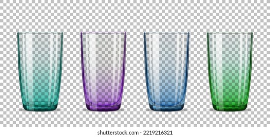 A set of colored glasses. Realistic 3D vector image on transparent background. Glassware.