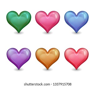 
set of colored glossy hearts on a white background, red, green, yellow, purple, pink, blue. Cast a shadow