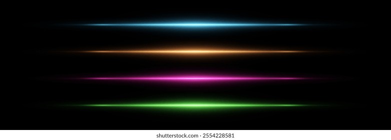 Set of colored glowing lines.Neon horizontal glare rays. Abstract background.Vector.