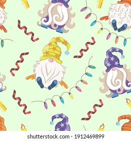 Set of colored gnomes with attributes on a green background. Serpentine, candle, lanterns, colored lights, gnomes in hats, garland. Festive pattern. Illustration for children. Vector 