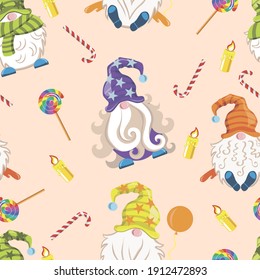 Set of colored gnomes with attributes on a pink background. Lollipop, candy cane, bead, scarf, lollipop, sugar cane. Festive pattern. Illustration for children. Vector 