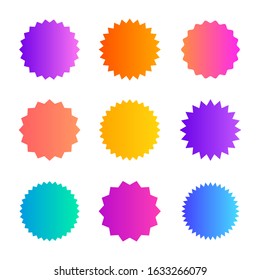 Set of colored gradient starburst badges icon. Sunburst stickers for price, promo, quality, sale tags. Vector graphic design.