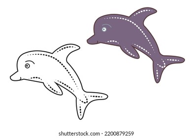 Set of colored gray dolphin and dolphin outline for coloring. Underwater world! Cute cartoon dolphin. Vector illustration. Drawings for banner, card, postcard