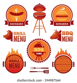 Set of colored grill and BBQ symbols and labels